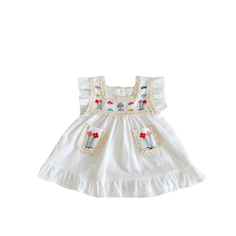 White Pretty Princess Summer Fly Sleeve Embroidery Flower Thin Knee-length Dress Kids Infant Baby Girls Cotton Clothing