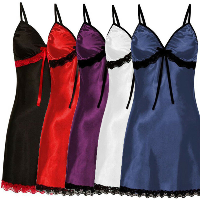 Lace Silk Satin Nightdress Women Sexy Lingerie Sleepwear Sleepdress Sleeveless Nighties V-neck Nightgown Nightwear