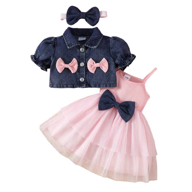 Infant Girls Summer Casual Sweet Cute Bow Tutu Dress with Short Sleeve Denim Coat Headband for Daily Birthday Party Photography