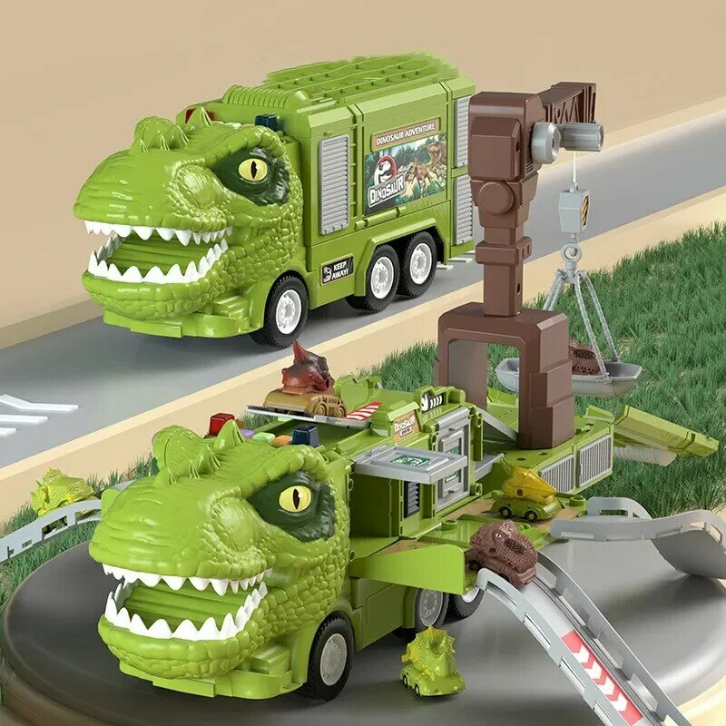 2023 Dinosaur Truck Toy Children's Dinosaur Deformation DIY Track Car Light Music Ejection Storage Inertia Container Transport