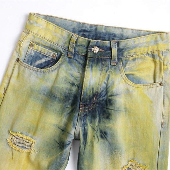 Новинка весна-осень длинные уличные модные ковбойские потертые желтые принты Роскошные узкие джинсы хип-хоп стрейч джинсовые брюки