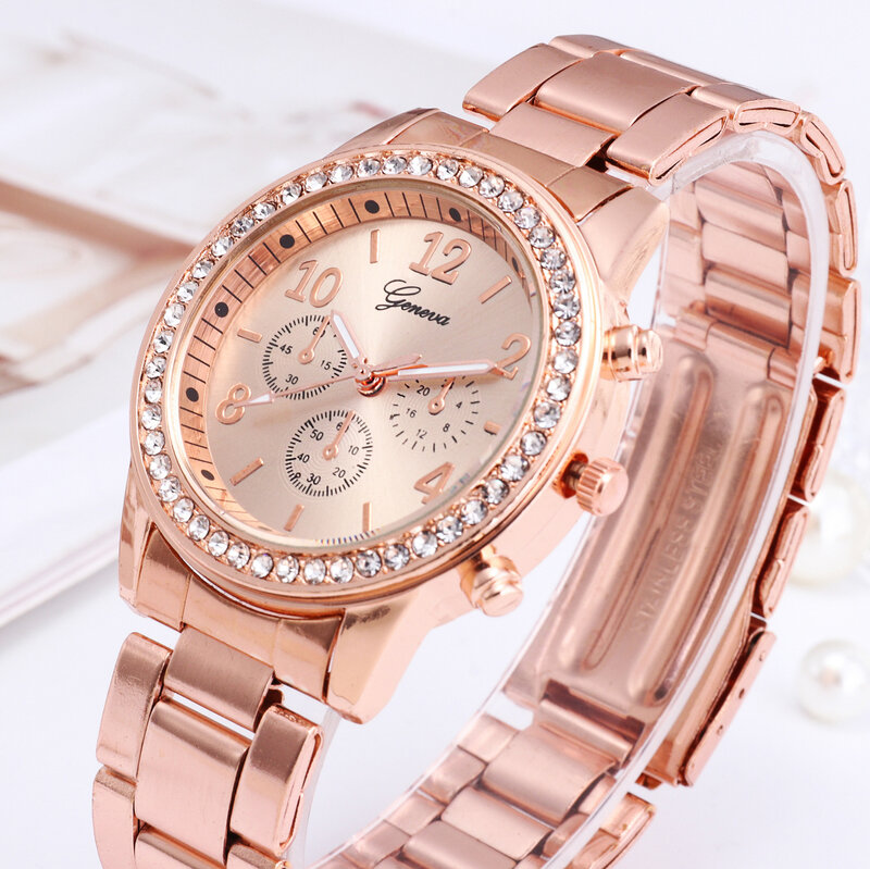 Luksusowy zegarek kwarcowy damski moda biznesowa na co dzień okrągły Rhinestone srebrny ze stali nierdzewnej stalowy pasek zegarek na rękę Relogio Feminino