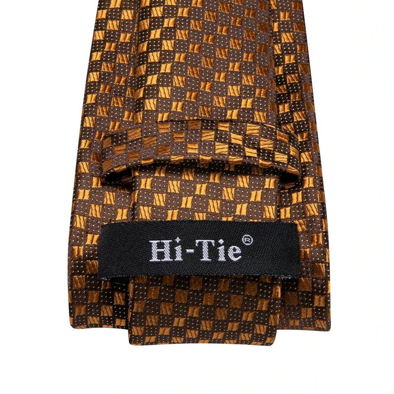 Hi-Tie Designer Gold Brown Plaid Elegant Men Tie Jacquard Necktie Accessory Cravat Wedding Business Party Hanky Cufflinks Set