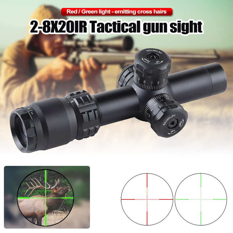 Mira telescópica táctica para Rifle, mira telescópica con retícula de punto rojo y verde, 2-8x20, 5 modos, Clip de 11MM/20MM