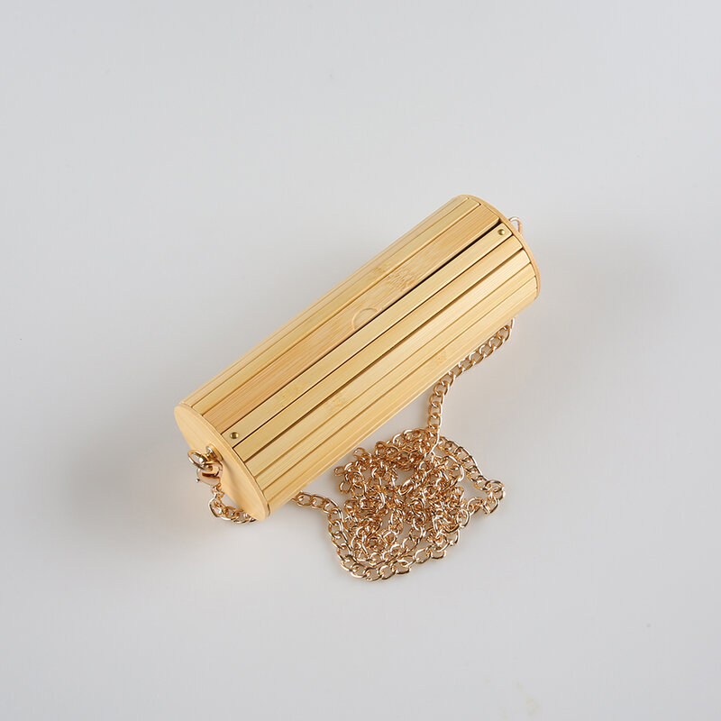 Nilerun Handmade Round Circular Cylinder Barrel Wood Wooden Natural Bamboo Small Mini Chain  Shoulder Cross Body Messenger Bag
