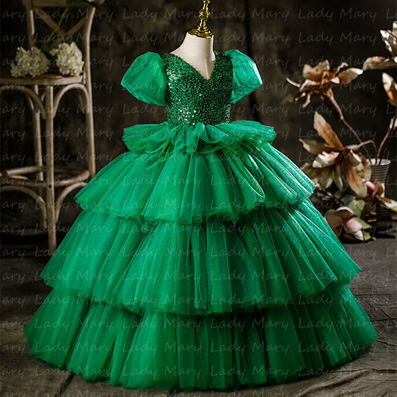 화려한 녹색 소녀 생일 파티 가운 레이어 얇은 명주 그물 스커트, 짧은 소매 공주 웨딩 꽃 가운, 사진 촬영 미인 대회