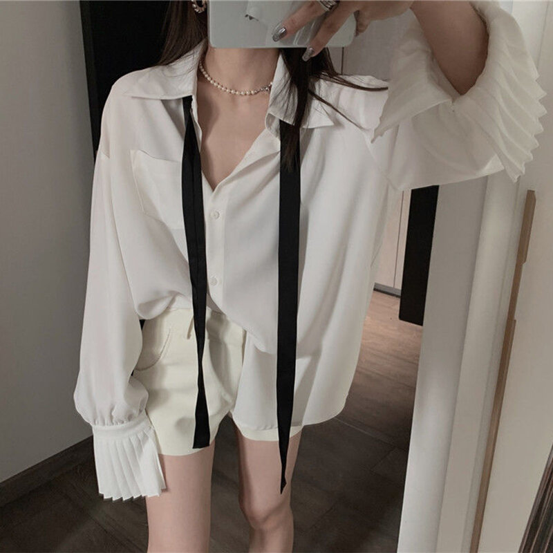 White Long Sleeve Shirt Women Flared Sleeve Elegant Chic Loose Tops Bf Korean Casual Fashion Preppy Style Y2K Tie Blouse New
