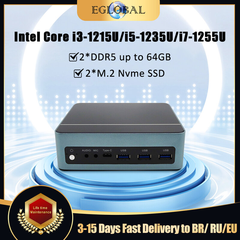 Eglobal คอมพิวเตอร์ขนาดเล็ก12th Intel Win10 i7-1255U i3-1215U/11 Linux 16G 32G DDR5 500G NVME SSD acwifi เดสก์ท็อปเกมคอมพิวเตอร์