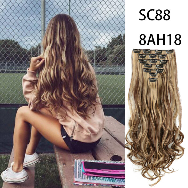 Nowa moda siedmioczęściowa 16 zestaw kart długie kręcone włosy damskie peruki z włókna chemicznego włosy duże fale codzienne dopasowywanie