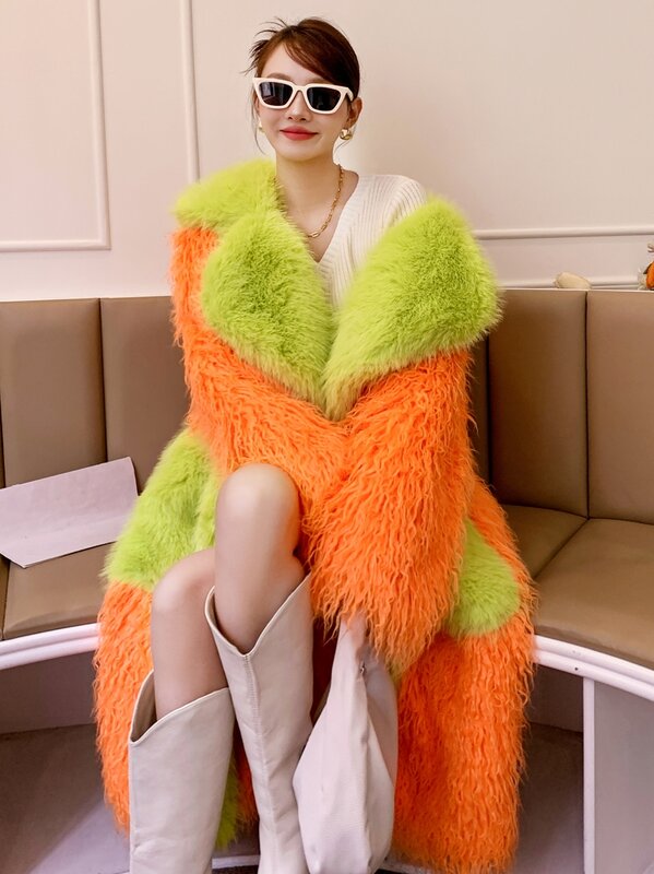 2024 winter new Orange fruit green eco-friendly fur long loose collar fur coat beach wool large pocket coat thick cotton top
