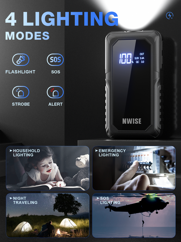NWISE-Portátil de Emergência Car Power Bank, Jump Starter, Auto Carregador de Bateria, Booster 12V Starting Device, 2000A
