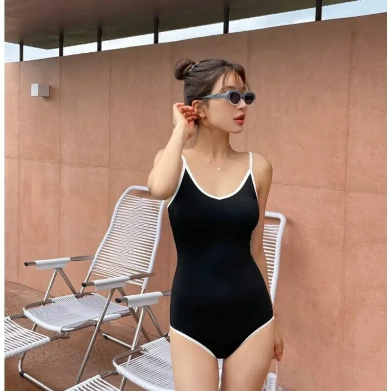 Korean Version of Women's New One-piece Color Matching Suspender Style Swimsuit Collar Sexy Slimming Belly Covering Vacation