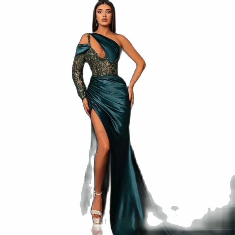 Vintage suknie wieczorowe wdzięczne z jednym rękawem nowoczesny wysoki rozcięty Sexy syrenka bez pleców wspaniały satynowy suknie na bal maturalny mody