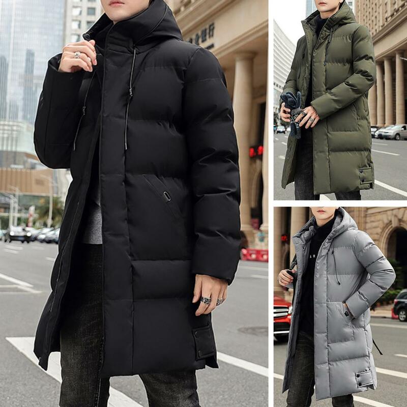 Mantel bulu angsa untuk pria, mantel bertudung tebal berbantalan, kardigan tetap hangat Midi panjang ritsleting ukuran Plus pakaian tren musim dingin