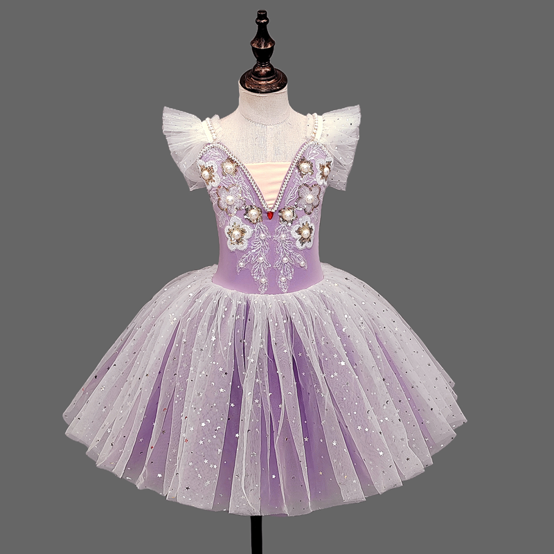 Vestido de balé com lantejoulas para meninas, saia Swan Dance, tutu fofo, saia de fios, roupas de performance infantil