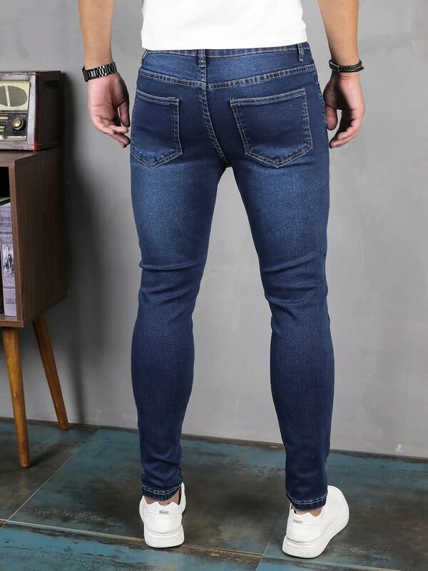 Y2k Pants Male Jeans Men Solid Color Multi Pockets Denim Mid Waist Classic Stretch Elastic Denim Pencil Pants Streetwear