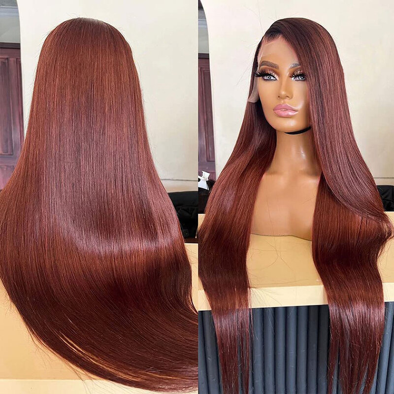 Reddish Brown Bone Straight 13x6 HD Lace Frontal Wig Brazilian Transparent Red Colored 13x4 Lace Front Human Hair Wig For Women