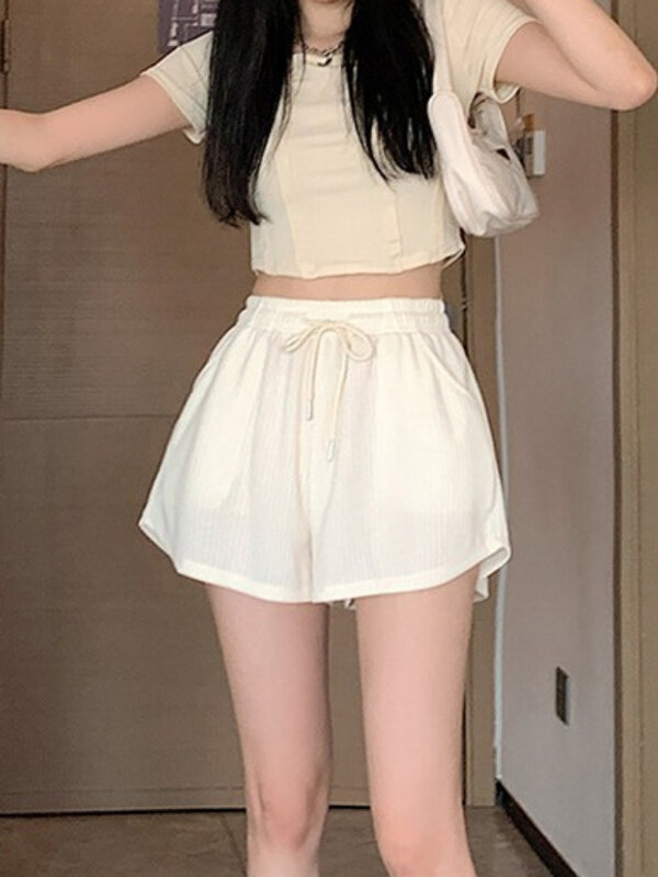 Celana pendek kasual wanita, celana pendek A-line longgar pinggang elastis padat sederhana lari bernapas Streetwear gaya Korea musim panas All-match