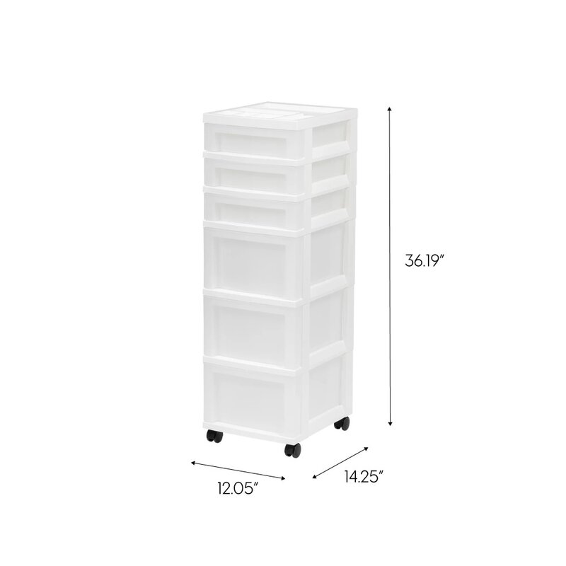 Carro de almacenamiento de plástico de 6 cajones con organizador superior y ruedas, transparente/blanco