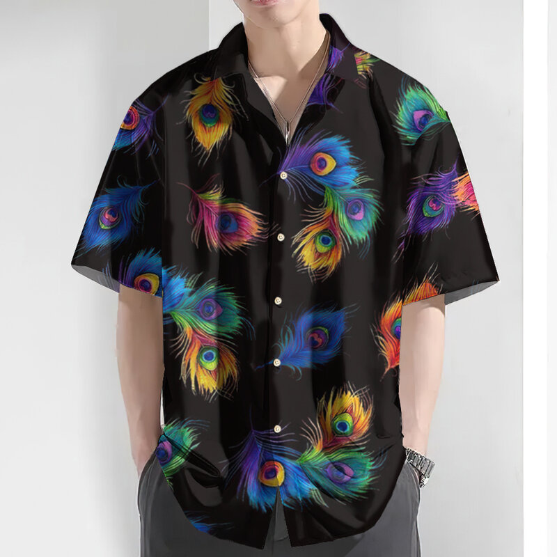 男性用3D孔雀の羽プリントシャツ,特大のラペルシャツ,カジュアルな毎日の服,夏,トレンド2024
