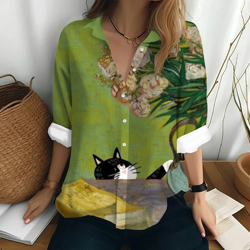 Damskie koszule i bluzki Retro koszule z nadrukiem kotów moda codzienna codzienna podstawowa koszula letnie damskie luźne bluzki z długim rękawem
