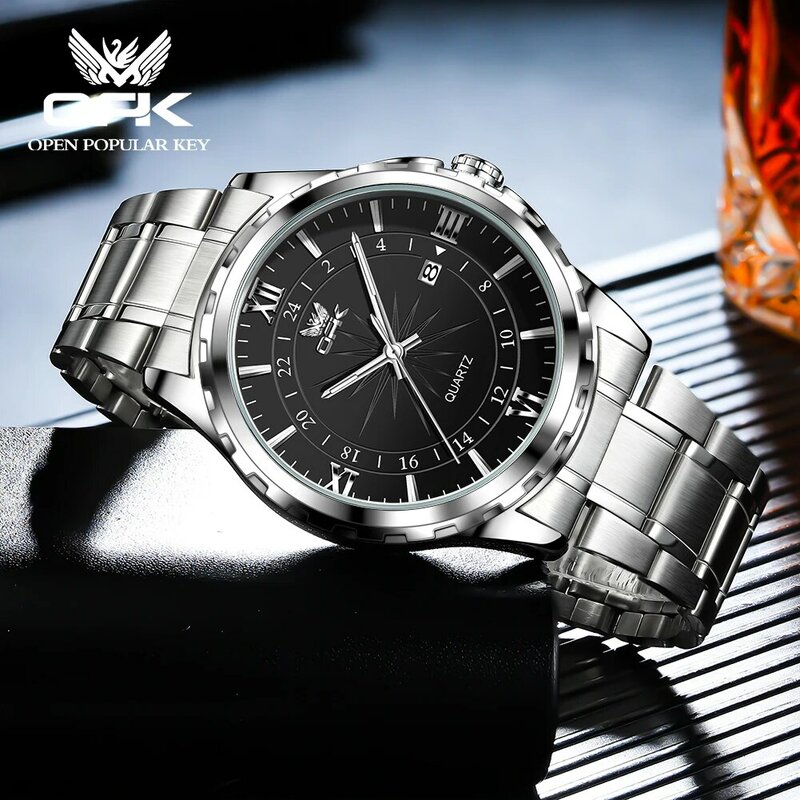 OPK Luxury Original Brand Men's Watches Calendar Waterproof Quartz Watch Luminous Business Stainless Steel Strap Male Wristwatch