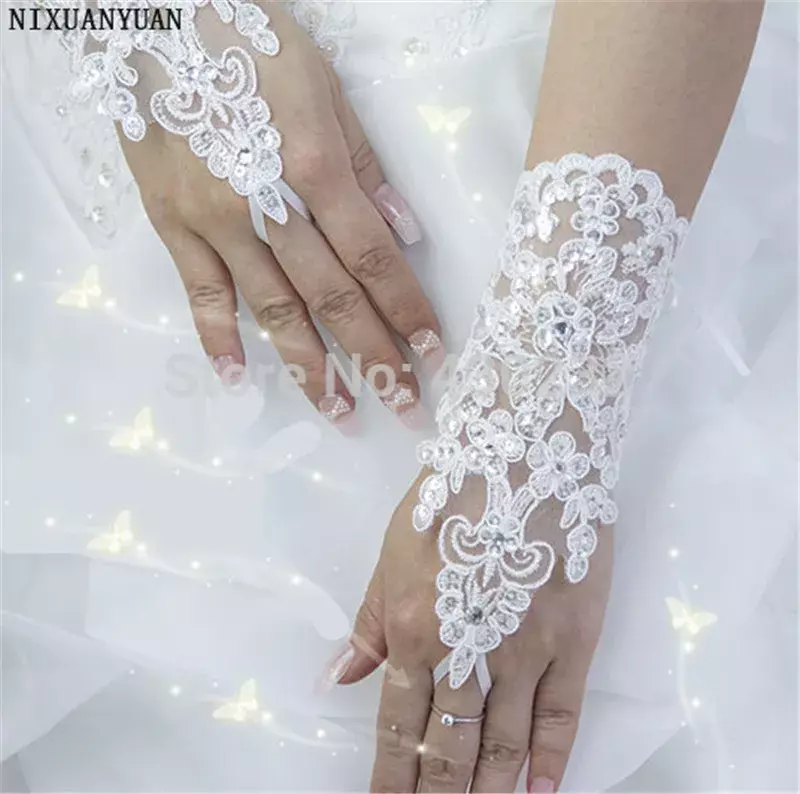 Eleganckie koronki z kryształkami satynowe krótki ślubny rękawiczki 2023 bez palców rękawiczki ślubne białe kości słoniowej akcesoria ślubne Veu De Noiva