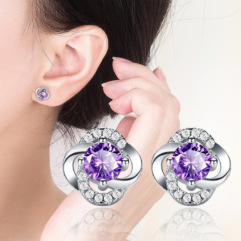 Pure 925 Sterling Silver New Fashion Jewelry Crystal Flower Stud Earrings For Women XY0229