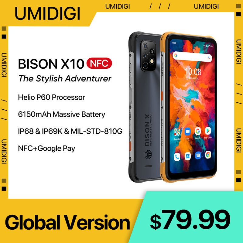 UMIDIGI-BISON X10 Smartphone Robusto, 4GB, 64GB, NFC, Android, IP68, IP69K, Câmera Tripla de 20MP, 6150mAh, Celular