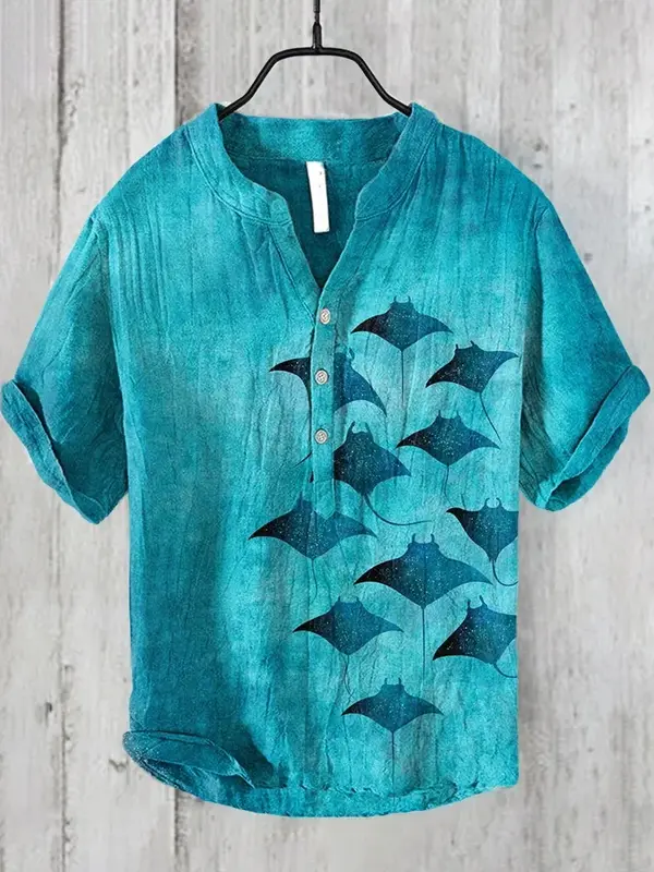 Camisa informal con estampado digital 3D para hombre, camisa de manga corta con patrón de flor de ciruelo, camisa cruzada de tres botones