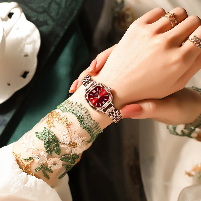 NIBOSI marka moda czerwony zegarek kwarcowy dla kobiet luksusowa bransoletka ze stali nierdzewnej w kolorze różowego złota wodoodporne luksusowe zegarki damskie