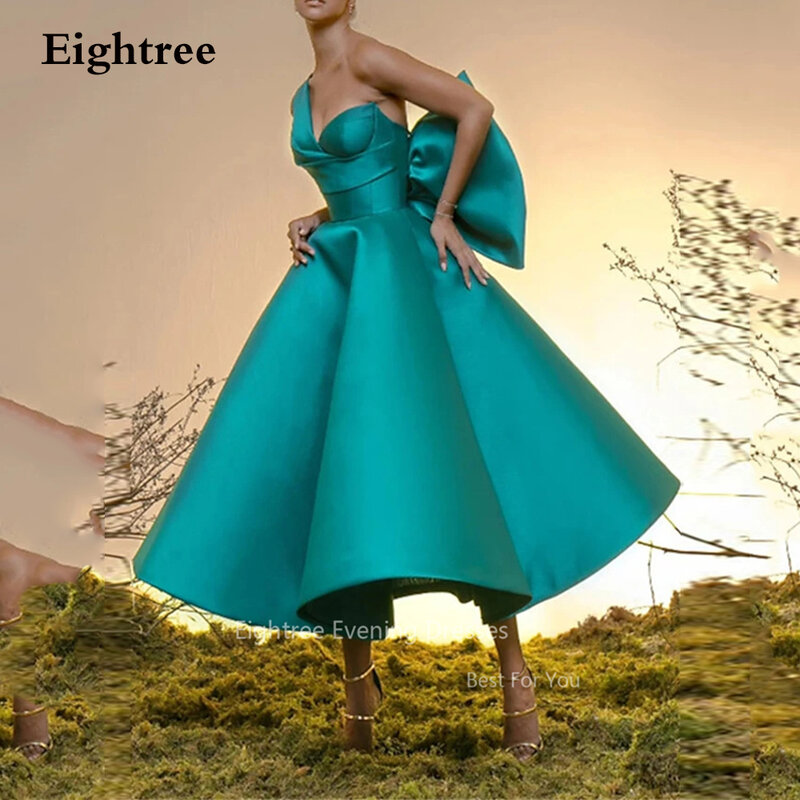 Eightree Green Satin Evening Dresses One Shoulder Sleeveless Ankle Length Dubai Arabic Prom Gowns Big Bow Formal Event Dress