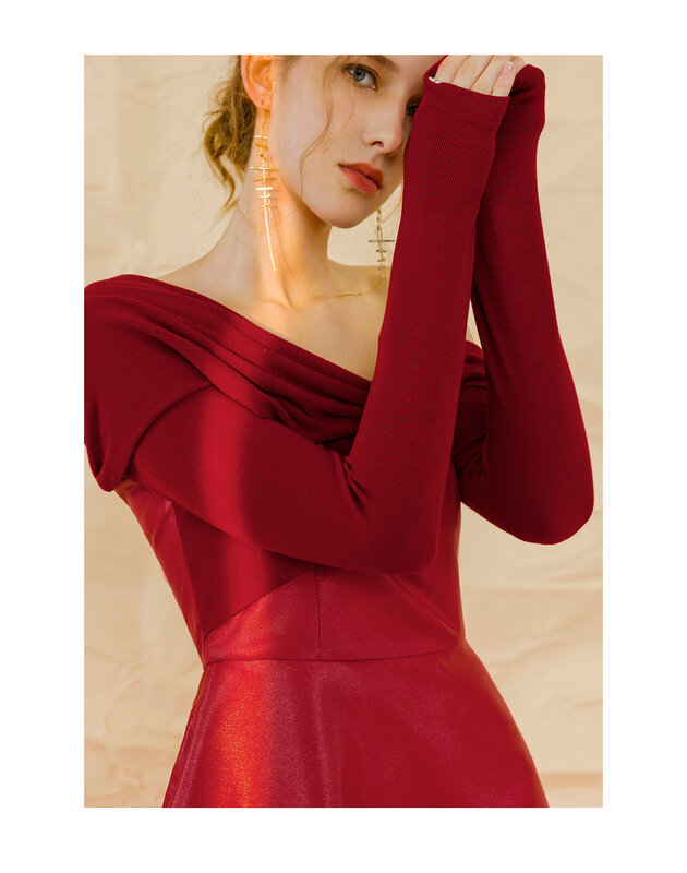 Rood design gevoel feestjurk halflang taille slanke, schuine hals en off-shoulder jurk voor dames high-end met lange mouwen