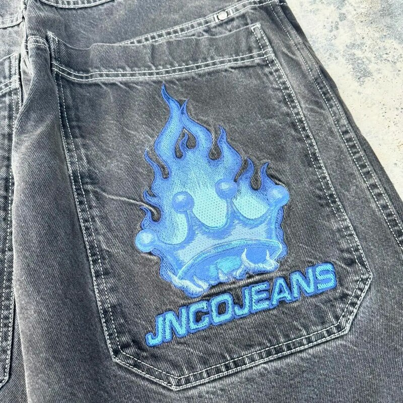 Celana pendek Hip Hop, celana pendek Retro Flame JNCO Y2K bordir Retro Denim Gym longgar Jeans hitam pinggang tinggi untuk pria