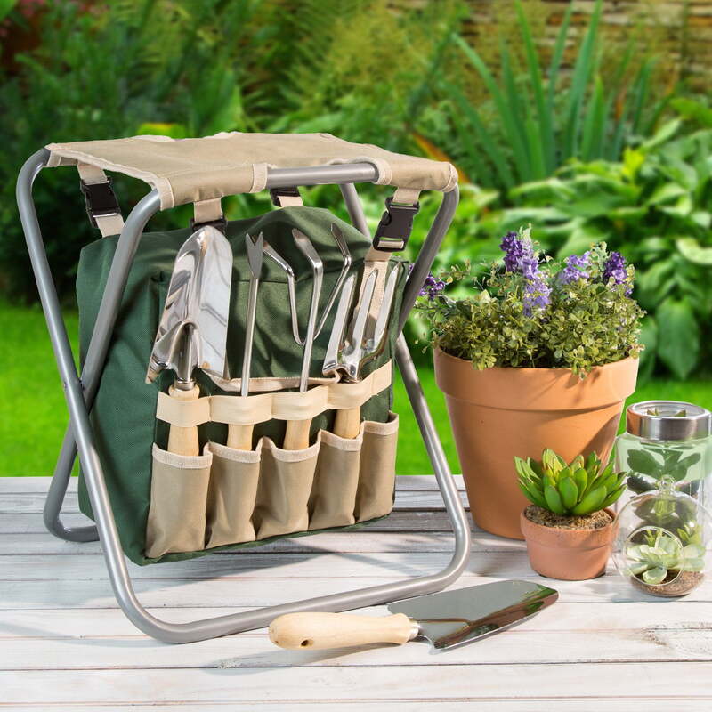 Sgabello da giardino pieghevole da giardino puro con borsa per attrezzi e 5 attrezzi da giardino
