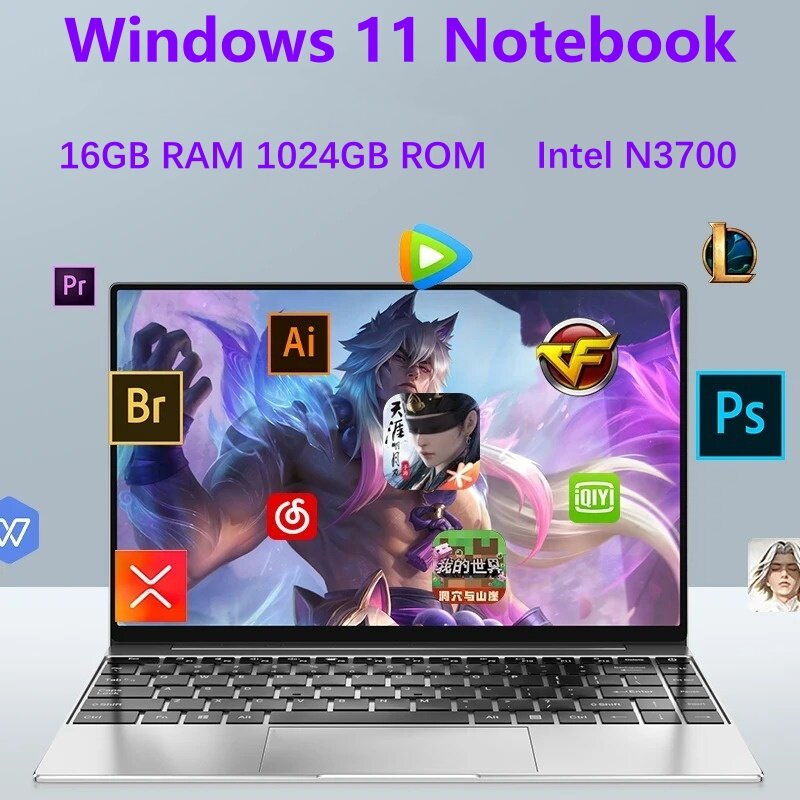 Windows 11 Pro Ultra Slim Computador Notebook, Computador PC do escritório e do estudo, Intel Pentium N3700, 16GB, 1024GB, 14,1 ", Novo, 2020