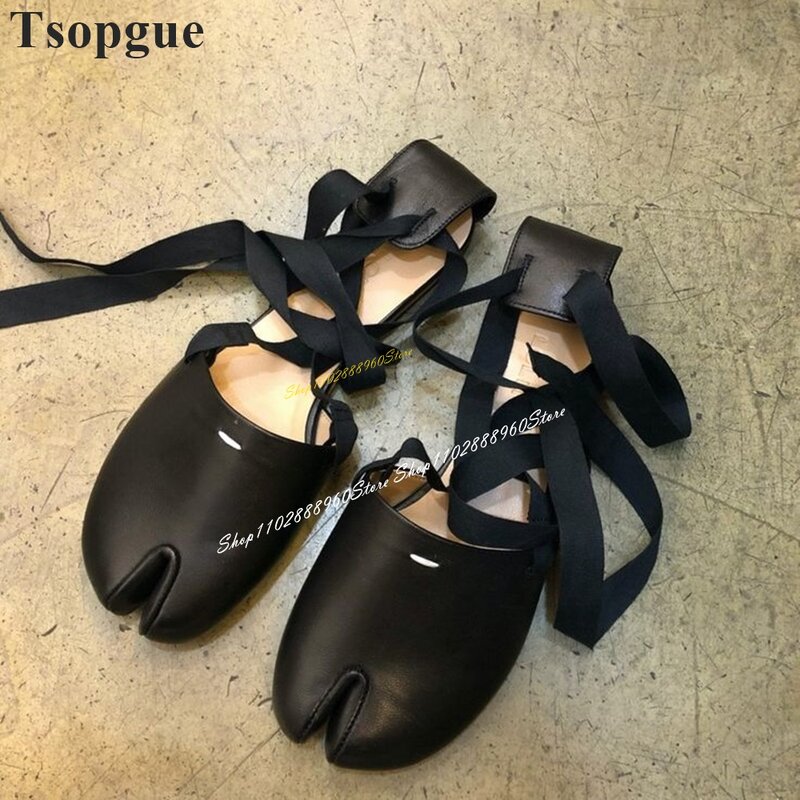 Sandálias femininas de mesa de couro fosco, sapato raso com renda, elegante e moderno, preto, 2024