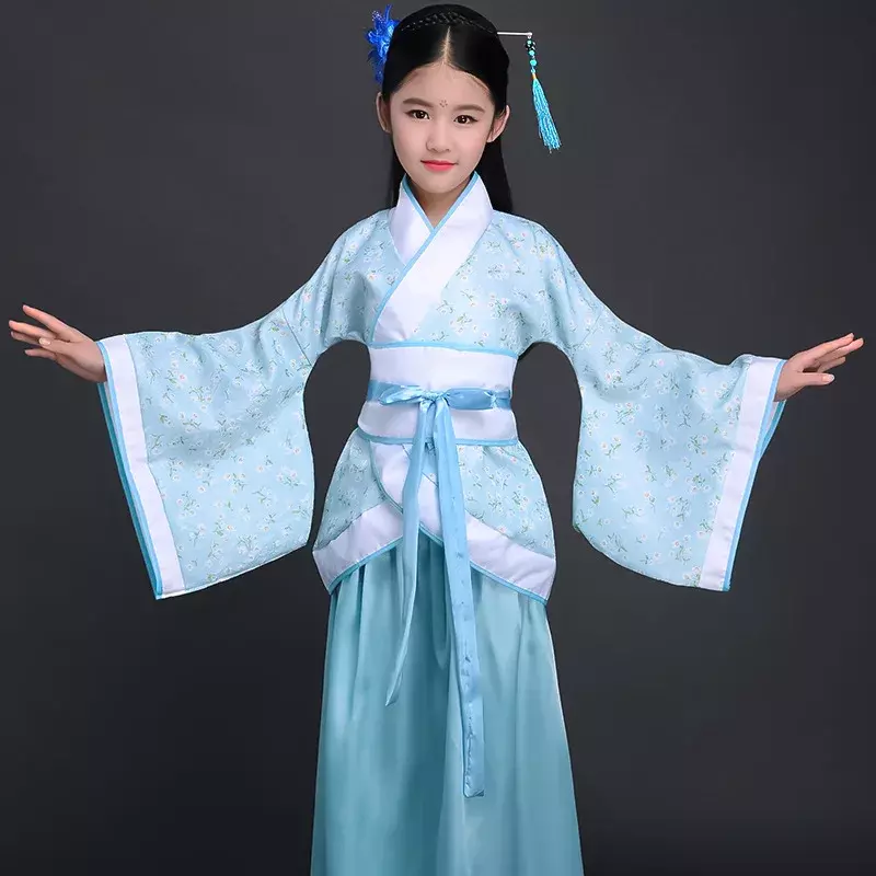 Китайский Шелковый костюм для девочек, детское кимоно, традиционный китайский винтажный этнический фанат, костюм для хора и танцев, ханьфу