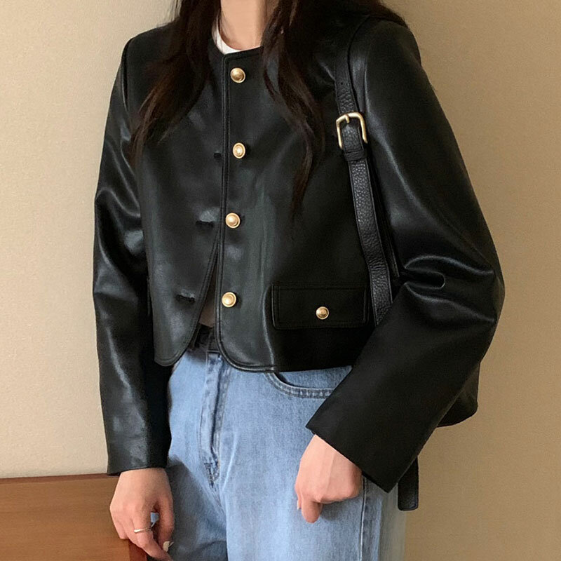 Korean Chic Vintage O Neck Leather Jackets Women Single-breasted Loose Long Sleeve Short Coat Streetwear Spring Casual Outerwear