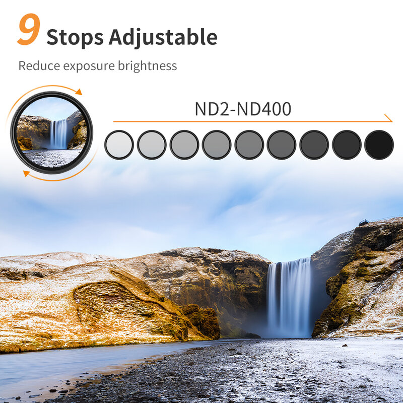 K&F Concept 58mm ND2-ND400 Variable ND Filter Neutral Density Adjustable Filter for Canon Nikon DSLR Cameras with Cleaning Cloth