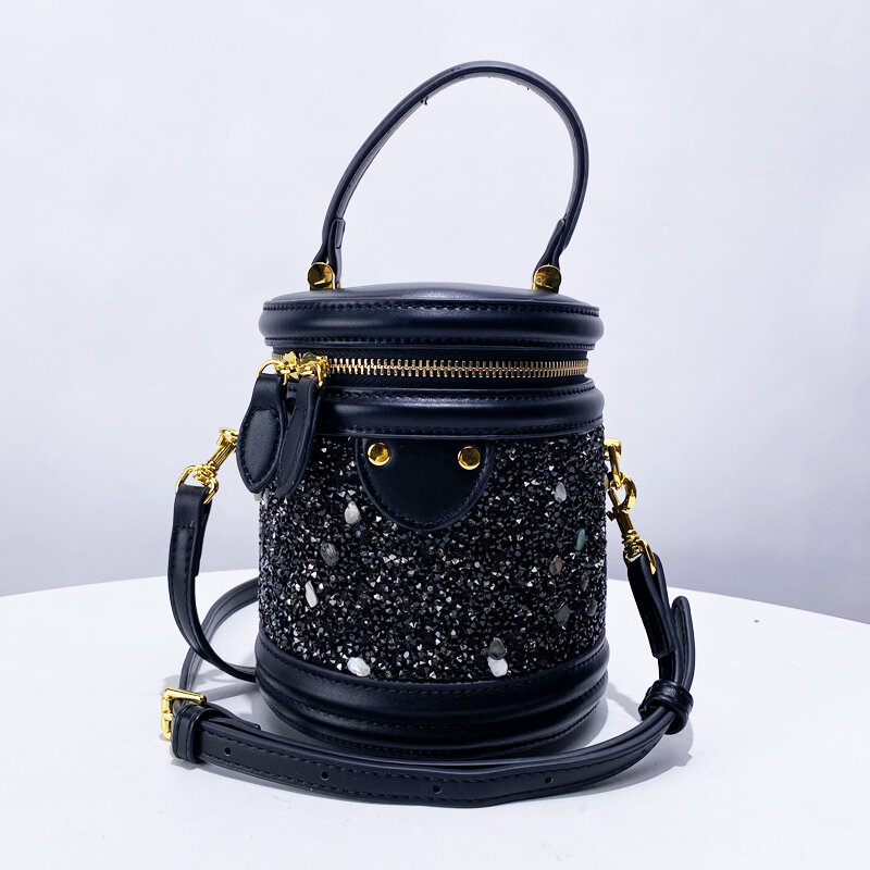 Cylinder Bucket Bags For Women Luxury Designer Handbag and Purses 2024 New In Fashion Sequins Diamond Mini Shoulder Crossbody