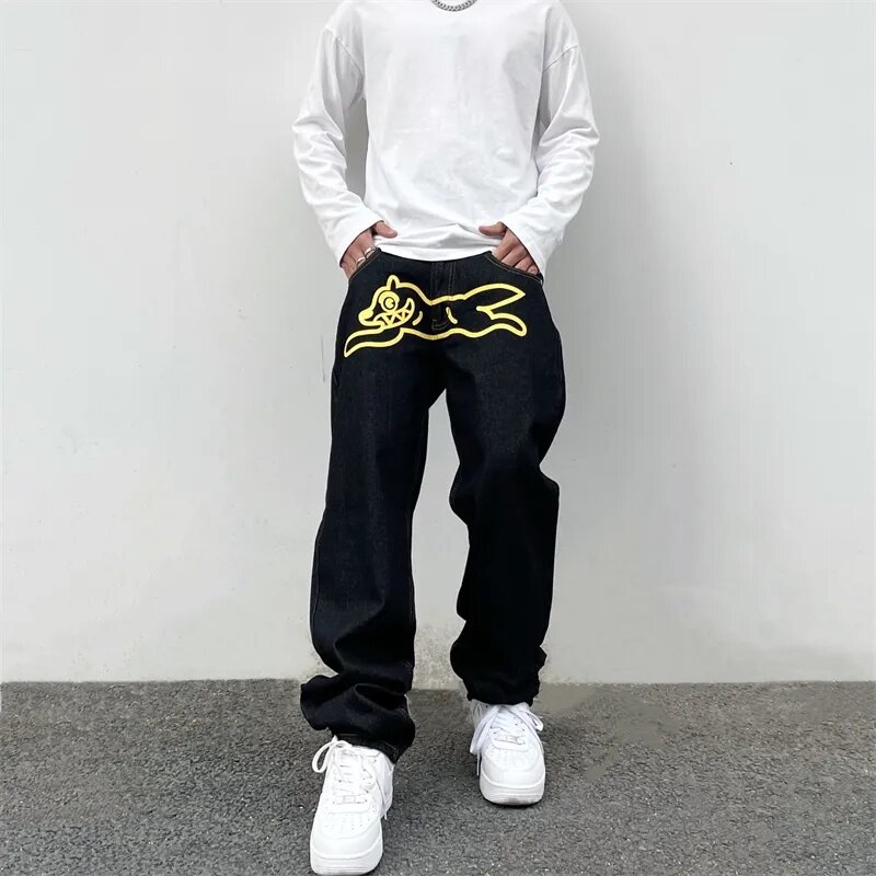 Jeans Hitam Cetak Y2k Retro Pria Hip-Hop Lurus Kasual Dicuci Mode Longgar Trendi Celana Pinggang Tinggi Diskon Besar
