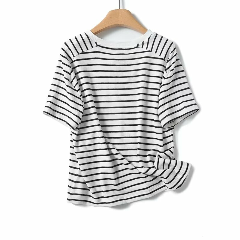 Maxdutti Summer Patchwork Pure Cotton Nordic Minimalist Striped T-shirt Women Fashion Loose Off Shoulder Casual Tops