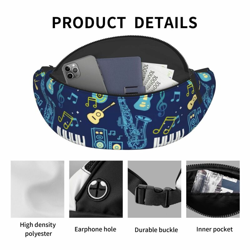 Heartbeat Music Notes Fanny Pack for Cycling Camping Women Men Sax Piano Guitar Pianist Crossbody Waist Bag Phone Money Pouch