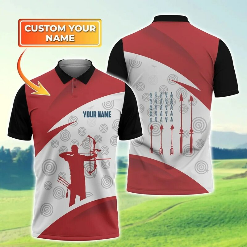 Мужская рубашка-поло с персонализированным именем, футболка с 3D-принтом, летняя свободная футболка унисекс с коротким рукавом и имитацией стрельбы из лука, подарок для любителей стрельбы из лука