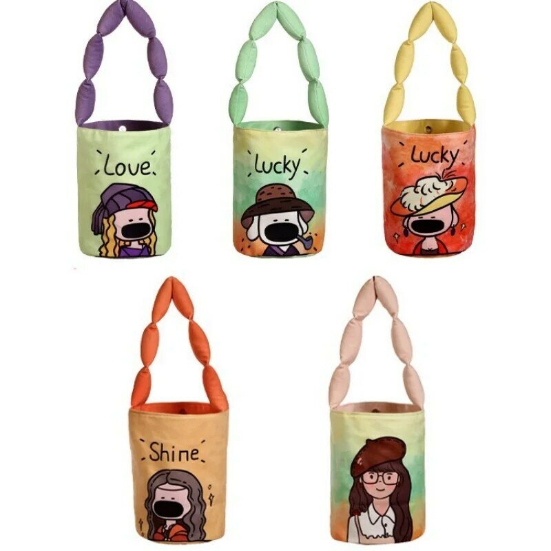 Saco de balde de lona dos desenhos animados para meninas, estilo coreano, bolsa de ombro, bolsa de compras doce, bolsa de almoço de estudante