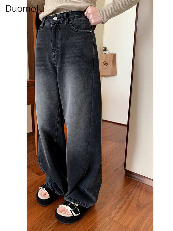 Duomofu Ins Distressed Gewassen Rechte Baggy Jeans Vrouwen Herfst Basis Full Length Mode Eenvoudige Slanke Dames Jeans Met Hoge Taille