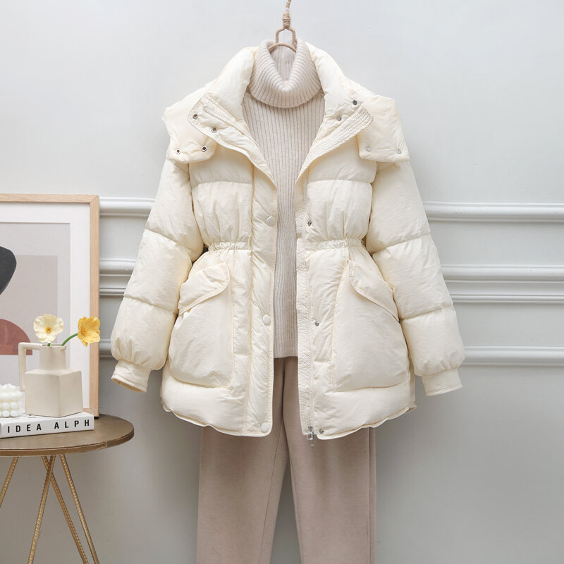 Jaket tebal bertudung untuk wanita, jaket panjang sedang berkerudung warna putih bebek hangat musim dingin model Korea