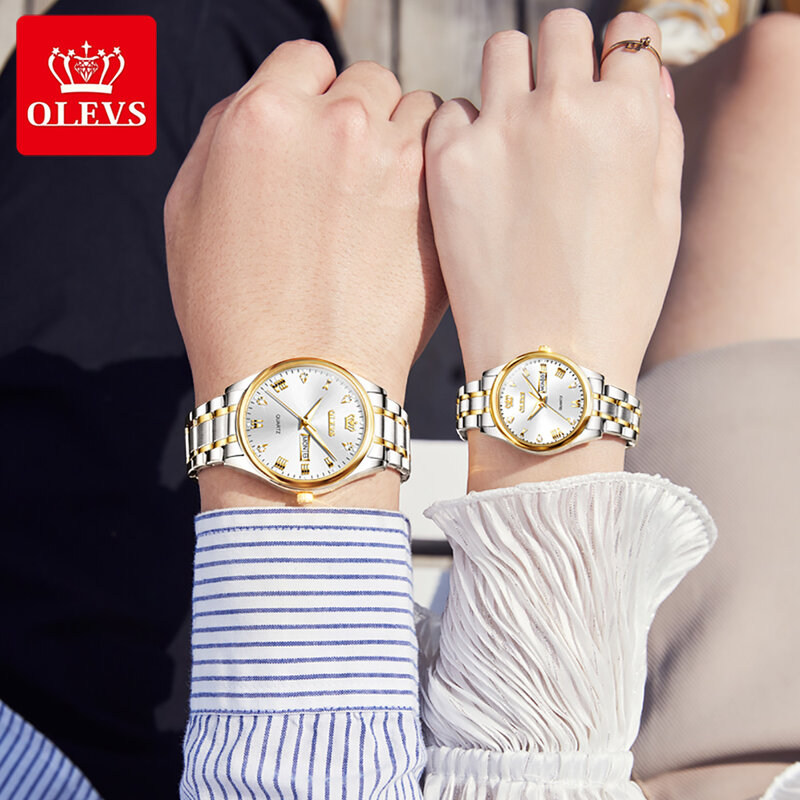 Роскошные брендовые кварцевые часы OLEVS для пары, водонепроницаемые наручные часы, подарки для влюбленных, светящиеся классические часы с отображением даты и недели, комплекты с часами
