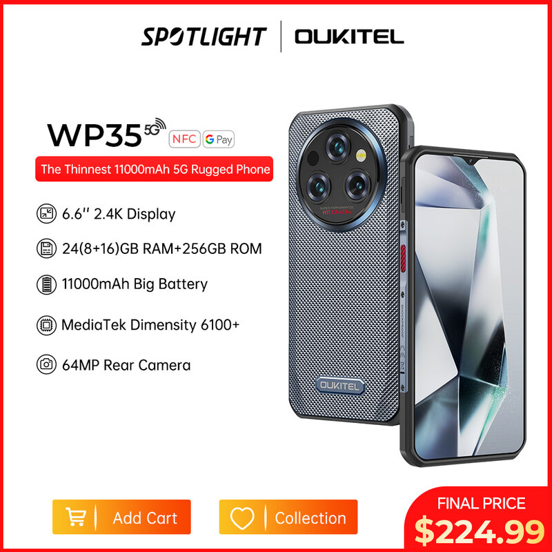 Ponsel pintar Oukitel WP35, HP cerdas 5G 6.6 "2.4K 11000 mAh 24GB + 256GB Android 14 64 MP NFC